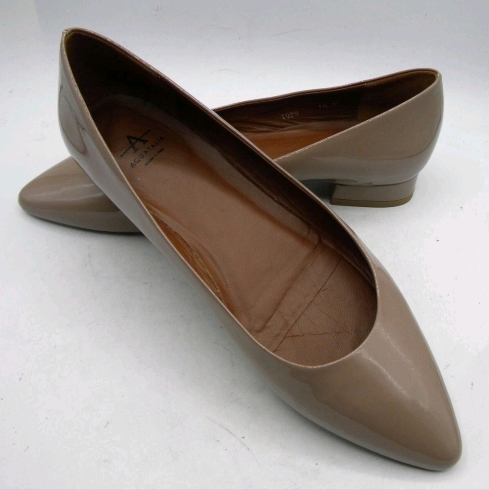 NIB Aquatalia Pointed-Toe Penina Patent Leather Flats in Dark Blush, Size 8.5.